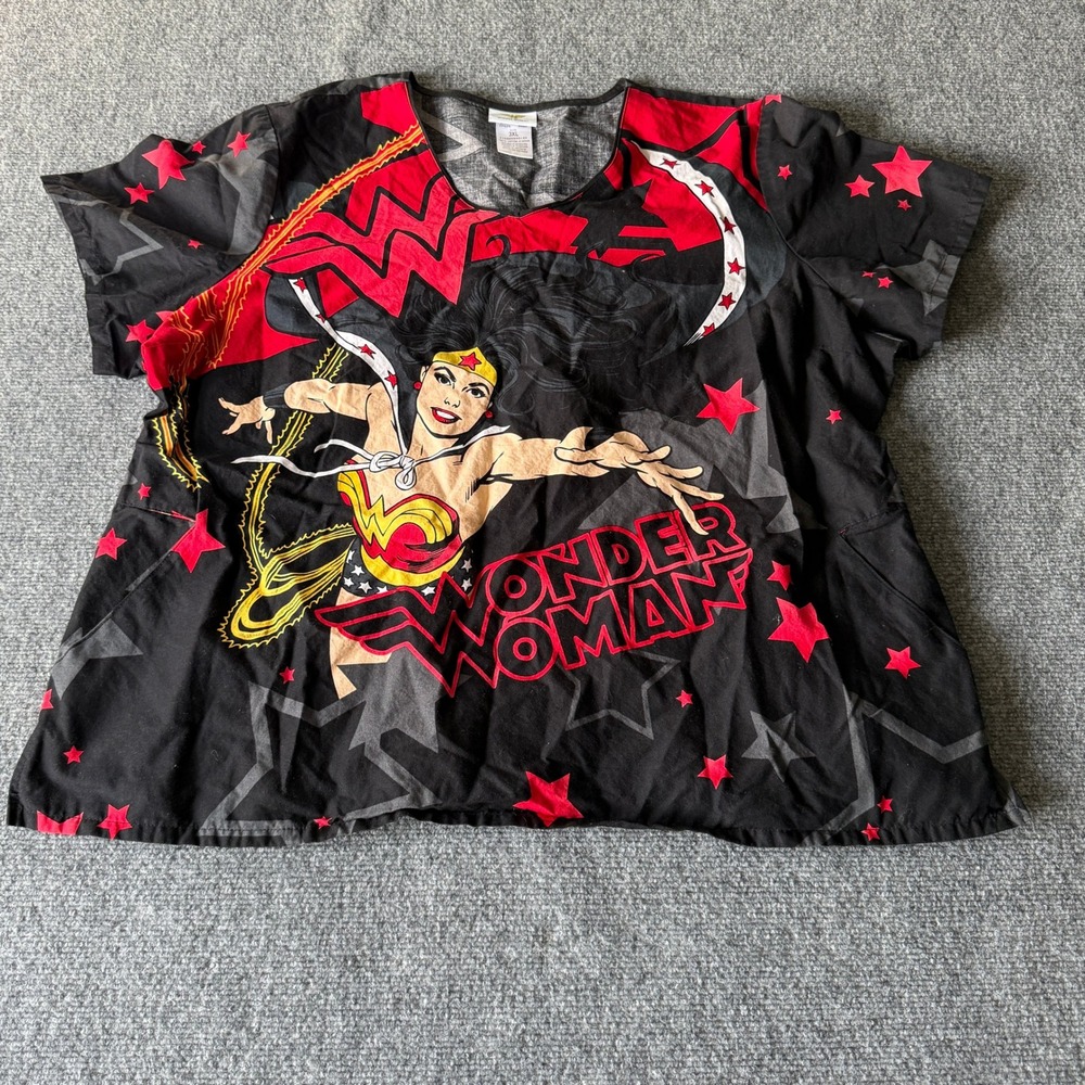Wonder Woman Scrub Top Womens 3XL Black Red Stars V-Neck Cotton DC Comics